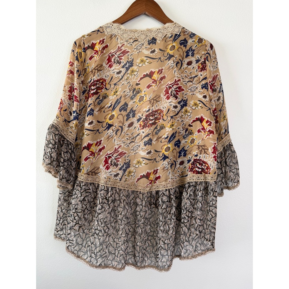 POL Womens Floral Mixed Print Kimono Cardigan Lace Trim Bell Sleeve Tan Small - Picture 2 of 9